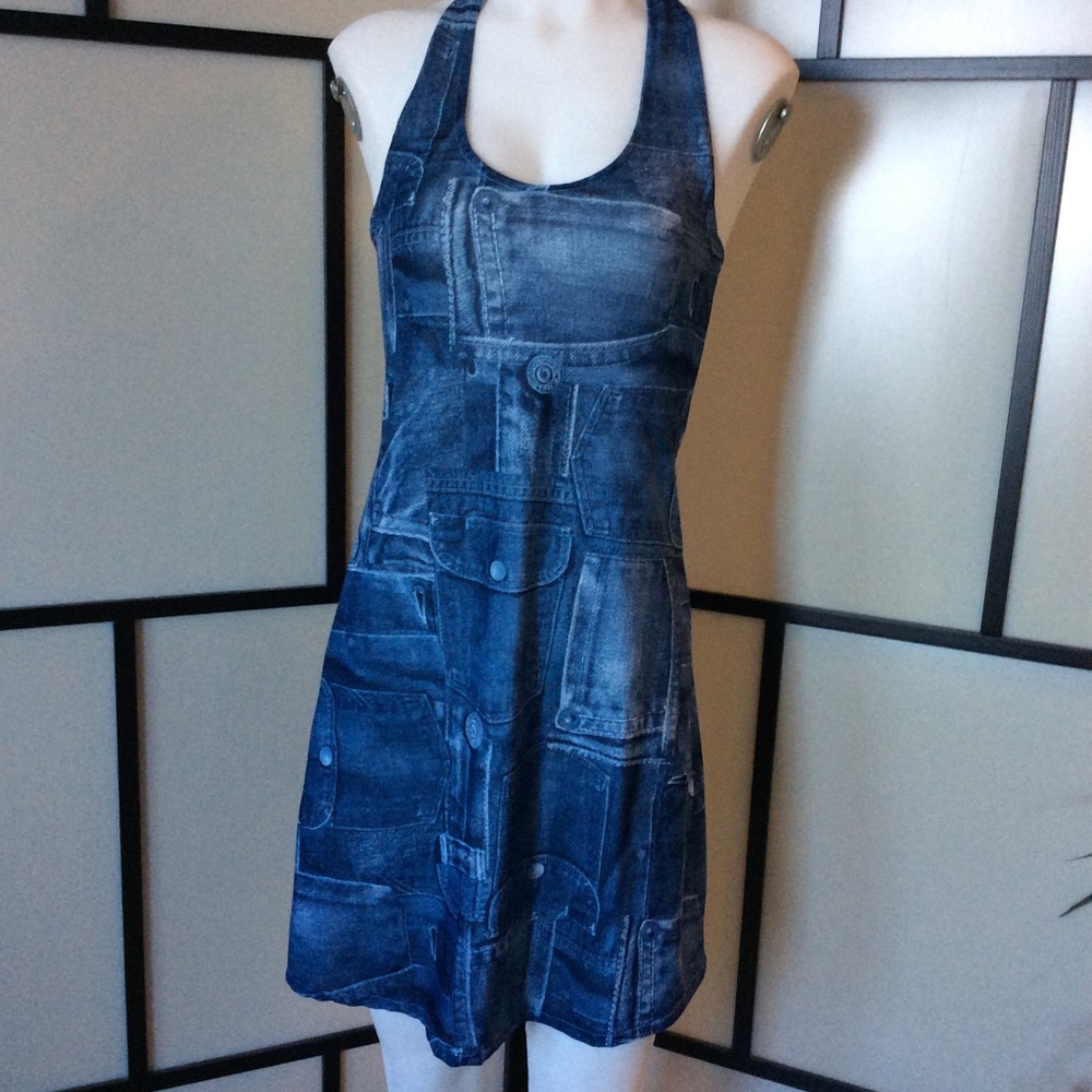 Blue Denim-Print Halter Mini Dress - Unbranded